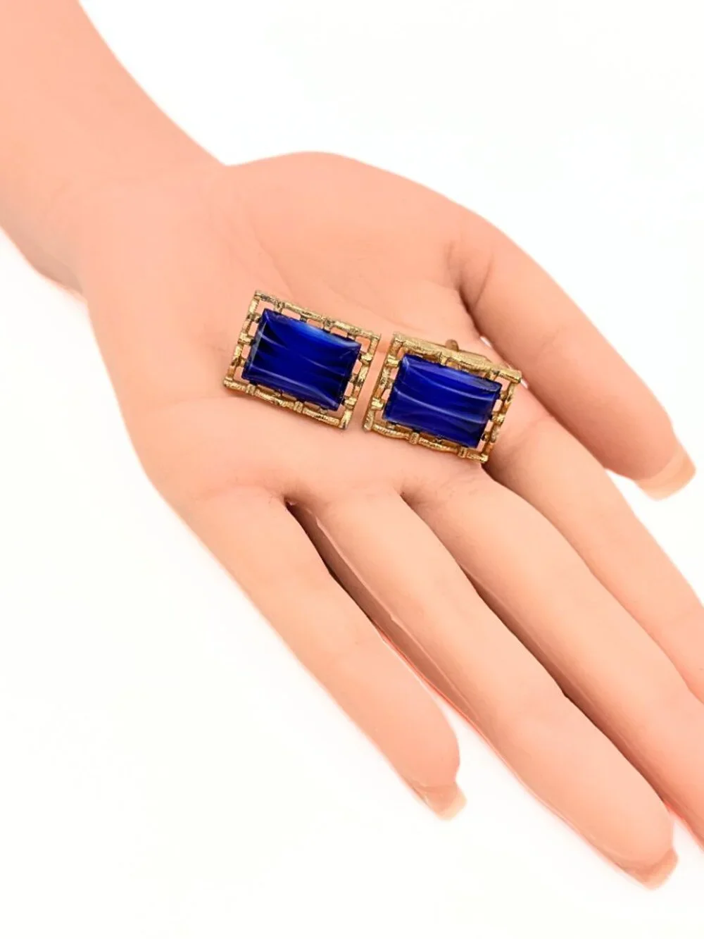 MCM Blue Banded Stripes Blue Glass Textured Rectangular Statement Cufflinks